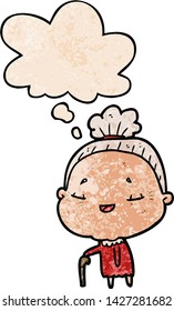 Cartoon Old Lady mit Gedankenblase in Grunge-Textur-Stil