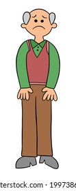 Cartoon old man alone and sad vector illustration. Colored and black outlines.