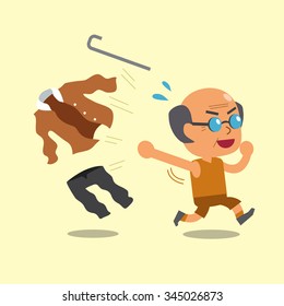 Cartoon old man changing clothes to sportswear