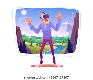 Cartoon old man character in virtual reality glasses enjoy vr landscape of a river and mountains