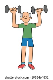 Cartoon Old Man Exercising And Lifting Weights, Vector Illustration. Black Outlined And Colored.