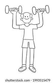 Cartoon Old Man Exercising And Lifting Weights, Vector Illustration. Black Outlined And White Colored.