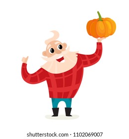 Cartoon old man farmer with pumpkin isolated on white. Standing and smyling male character with grey thick beard in red shirt.