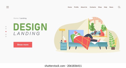 Cartoon old man with fever lying in bed. Flat vector illustration. Male person drinking medicine, taking his temperature and staying in bed. Illness, health, recovering, treatment, pandemic concept