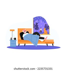 Cartoon old man with fever lying in bed. Flat vector illustration. Male person drinking medicine, taking his temperature and staying in bed. Illness, health, recovering concept