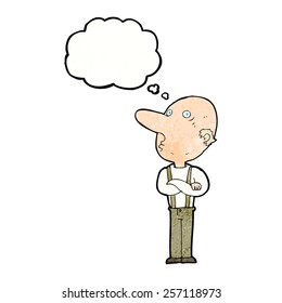cartoon old man with folded arms with thought bubble