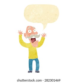 cartoon old man getting a fright with speech bubble