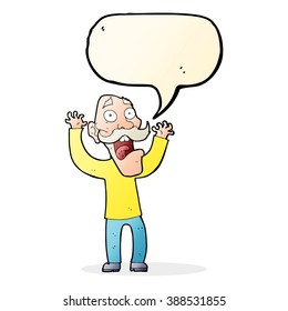 cartoon old man getting a fright with speech bubble