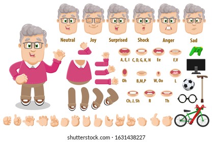 Cartoon old man, grandfather constructor for animation. Parts of body: legs, arms, face emotions, hands gestures, lips sync. Full length, front, three quater view. Set of ready to use poses, objects.