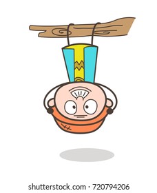 Cartoon Old Man Hanging Upside Down Vector Illustration