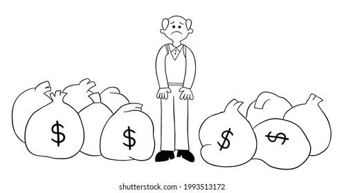 Cartoon alter Mann hat viel Geld, aber er ist unglücklich, Vektorgrafik. Schwarz umrissen und weiß gefärbt.