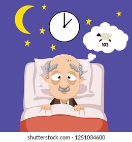 Cartoon old man having trouble sleeping vector illustration. Grandpa lying in bed and counting sheep at night flat style design. Stars and moonlight. Concept of insomnia