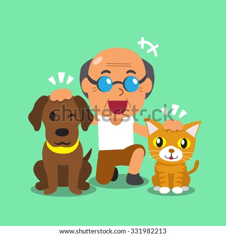 Cartoon old man and his pets