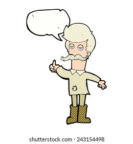 cartoon old man in poor clothes with speech bubble