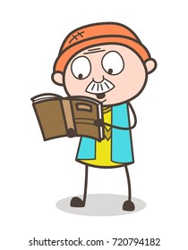 Cartoon Old Man Reading Book Vector Illustration