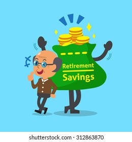 Cartoon old man with retirement savings bag and coins