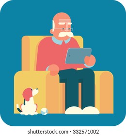 Cartoon old man sitting in armchair and using a tablet pc. The dog is looking at him.