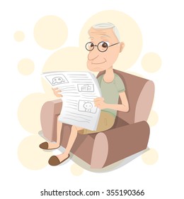 cartoon old man sitting on sofa and reading a newspaper