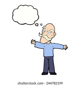 cartoon old man spreading arms wide with thought bubble