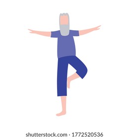 Cartoon Old Man Standing In Yoga Pose Training His Balance - Isolated Senior Doing Fitness Exercise On White Background - Simple Flat Vector Illustration.