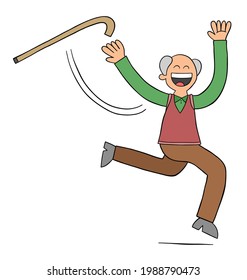 El viejo caricaturista arroja el bastón y empieza a correr, ilustración vectorial. Negro delineado y coloreado.