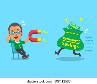 Cartoon old man using a magnet to attracts retirement savings bag