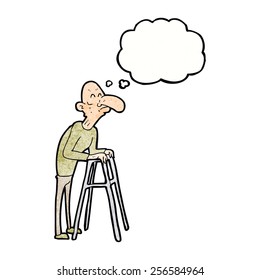 cartoon old man with walking frame with thought bubble