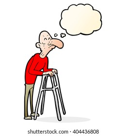 cartoon old man with walking frame with thought bubble