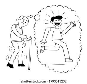Cartoon old man walking with his cane and dreaming of his youth, vector illustration. Black outlined and white colored.