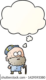 cartoon old man with walking stick with thought bubble in smooth gradient style