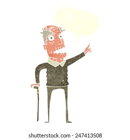 cartoon old man with walking stick with speech bubble