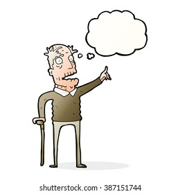 cartoon old man with walking stick with thought bubble