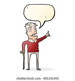cartoon old man with walking stick with speech bubble