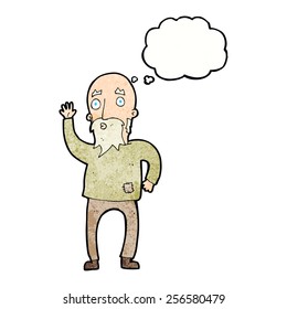 cartoon old man waving with thought bubble