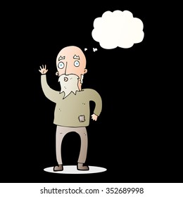 cartoon old man waving with thought bubble
