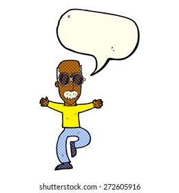 cartoon old man wearing big glasses with speech bubble