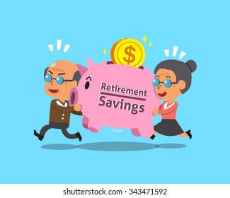 Cartoon old man and old woman carrying retirement savings pink piggy