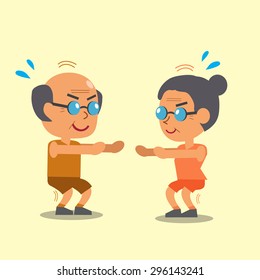 Cartoon Old Man And Old Woman Doing Squat Workout Together