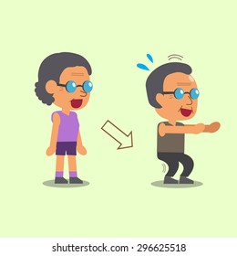 Cartoon old man and old woman doing squat exercise step training