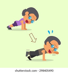 Cartoon old man and old woman doing the alternate arm and leg plank step training