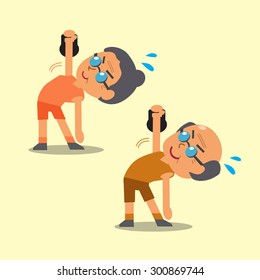 Cartoon old man and old woman doing kettlebell windmill exercise