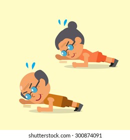 Cartoon old man and old woman doing plank with arm extension exercise