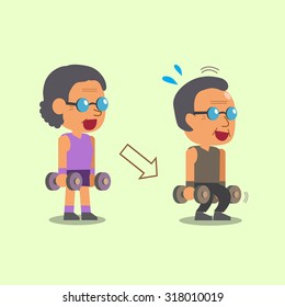 Cartoon old man and old woman doing dumbbell squat exercise step training