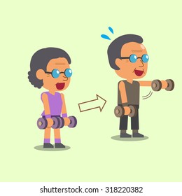 Cartoon old man and old woman doing front dumbbell raise exercise step training