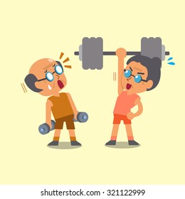 Cartoon old man and old woman doing weight training