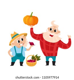 Cartoon old man and woman farmers with vegetables isolated on white. Standing and smyling male and female character with beetroot and pumpkin.