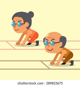 Cartoon old man and old woman ready to run