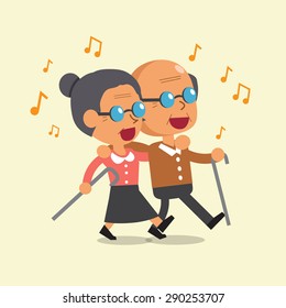 Cartoon Old Man And Old Woman Walking And Singing Together