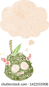 cartoon old pear with thought bubble in grunge distressed retro textured style
