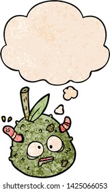 cartoon old pear with thought bubble in grunge texture style